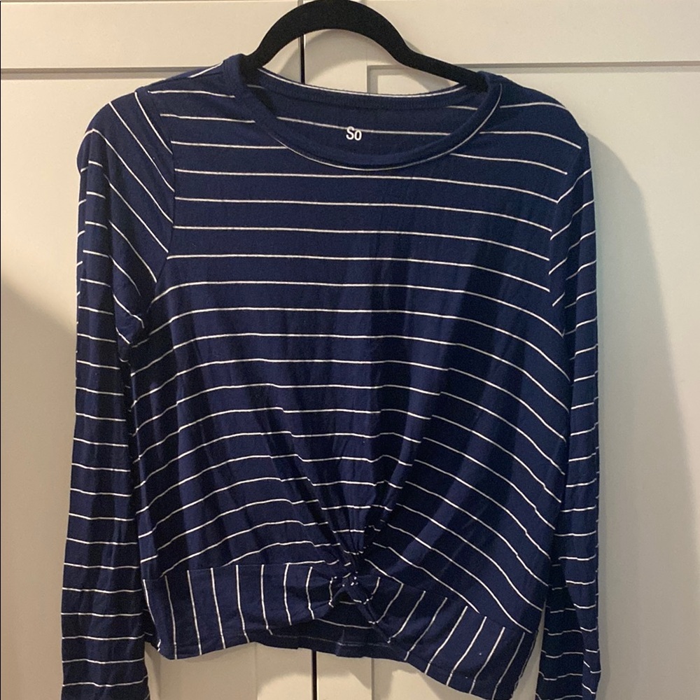 SO Blue and White Long Sleeve Tie Front Blouse